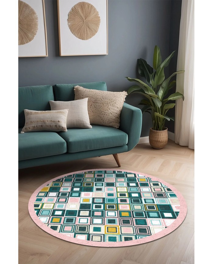 Meran Kadife Yıkanabilir Kaymaz Pamuk Tabanlı Antibakteriyel Yuvarlak Halı