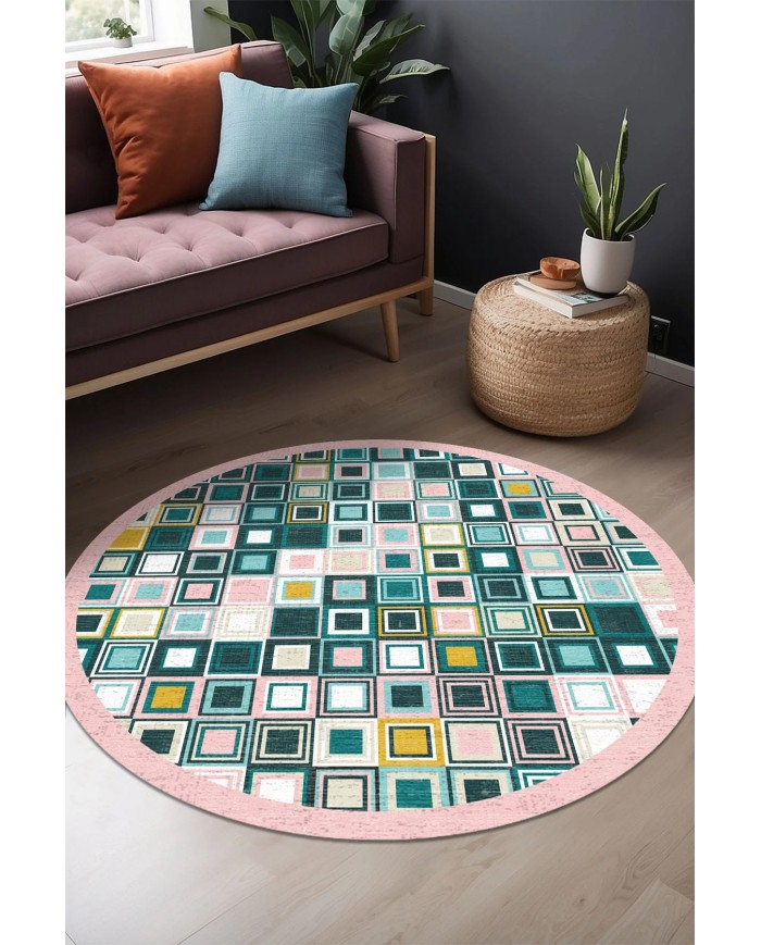 Meran Kadife Yıkanabilir Kaymaz Pamuk Tabanlı Antibakteriyel Yuvarlak Halı