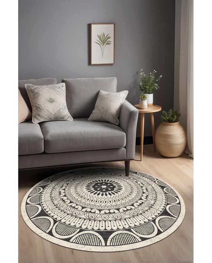 Marena Kadife Yıkanabilir Kaymaz Pamuk Tabanlı Antibakteriyel Yuvarlak Halı