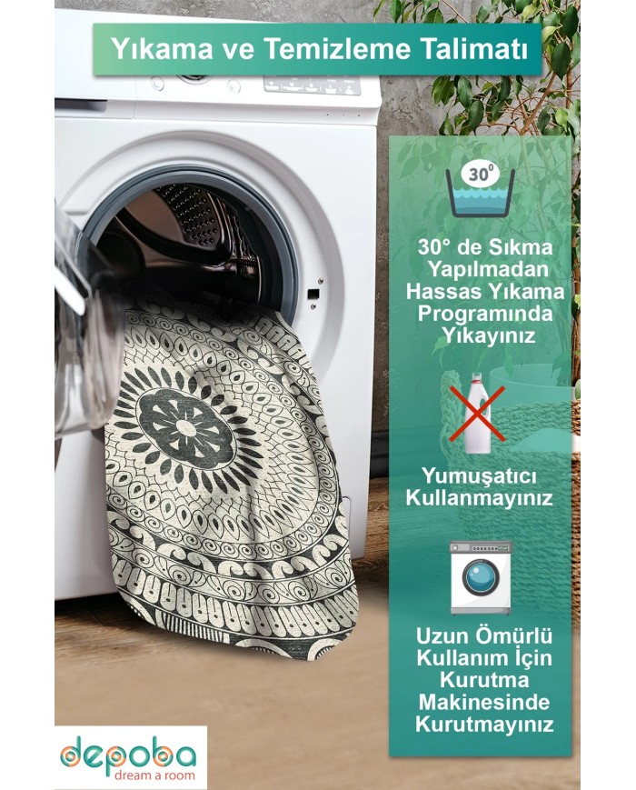 Marena Kadife Yıkanabilir Kaymaz Pamuk Tabanlı Antibakteriyel Yuvarlak Halı