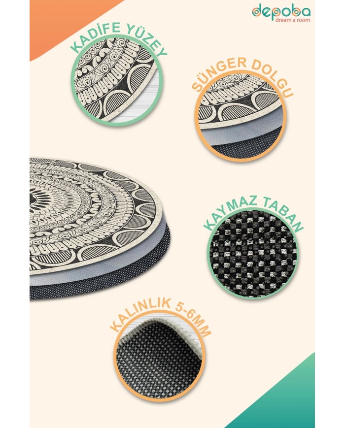 Marena Kadife Yıkanabilir Kaymaz Pamuk Tabanlı Antibakteriyel Yuvarlak Halı