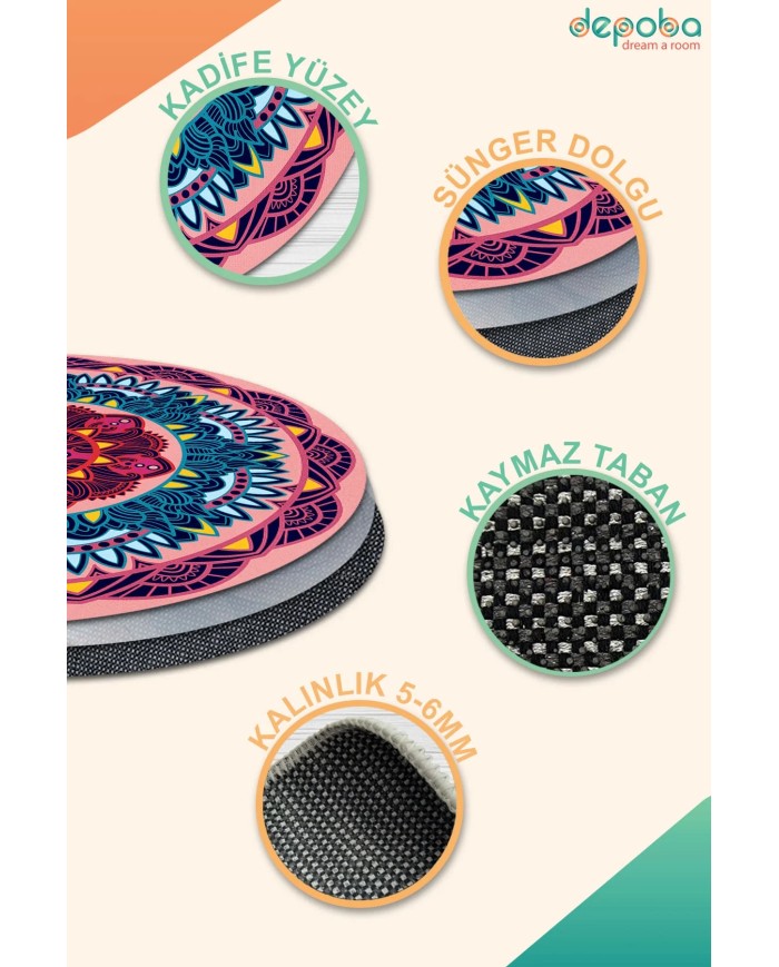 Pare Kadife Yıkanabilir Kaymaz Pamuk Tabanlı Antibakteriyel Yuvarlak Halı