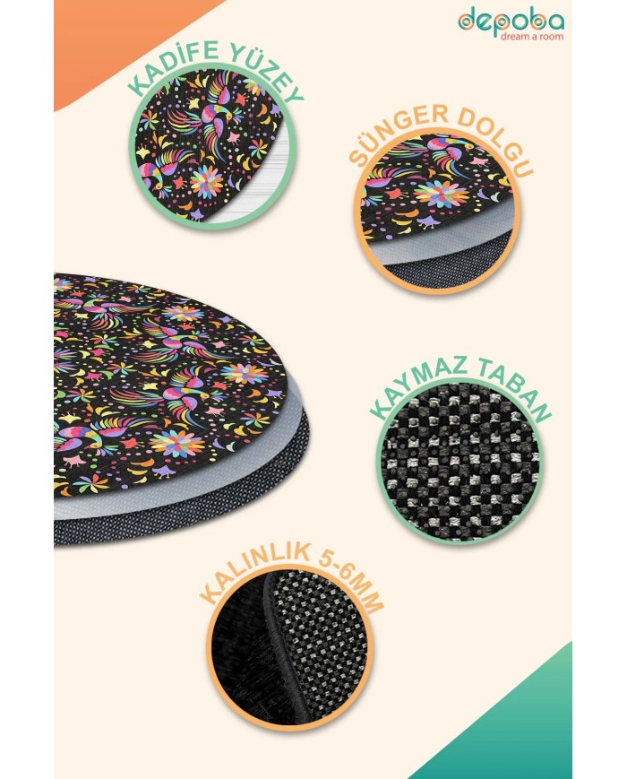 Zunar Kadife Yıkanabilir Kaymaz Pamuk Tabanlı Antibakteriyel Yuvarlak Halı