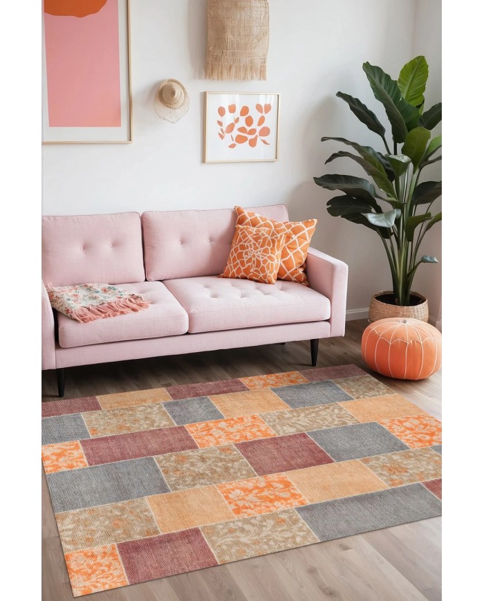 Asene Patchwork Şönil Doğal Pamuk Tabanlı Salon Halısı Kaymaz Antibakteriyel Yıkanabilir Çevre Dostu