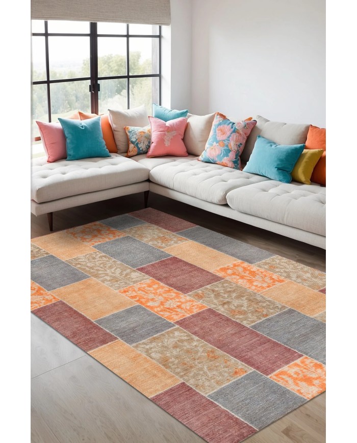 Asene Patchwork Şönil Doğal Pamuk Tabanlı Salon Halısı Kaymaz Antibakteriyel Yıkanabilir Çevre Dostu