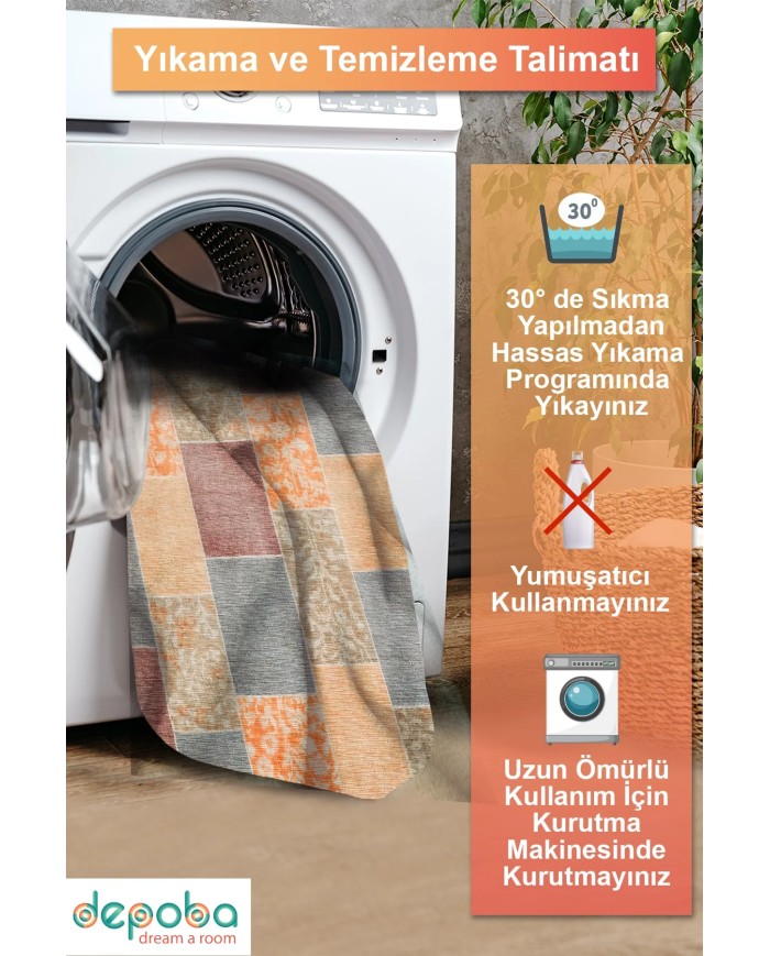 Asene Patchwork Şönil Doğal Pamuk Tabanlı Salon Halısı Kaymaz Antibakteriyel Yıkanabilir Çevre Dostu