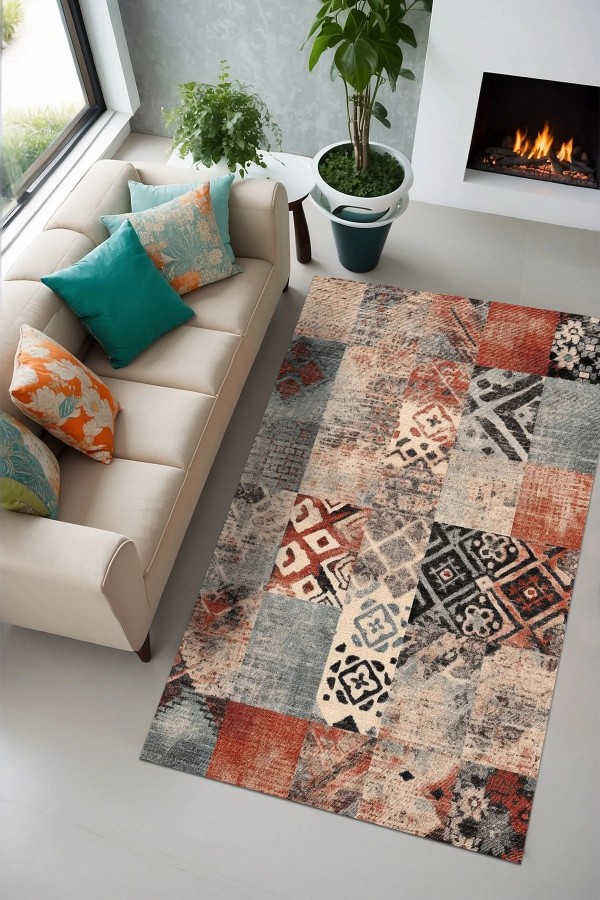 Resaye Patchwork Şönil Doğal Pamuk Tabanlı Salon Halısı Kaymaz Antibakteriyel Yıkanabilir