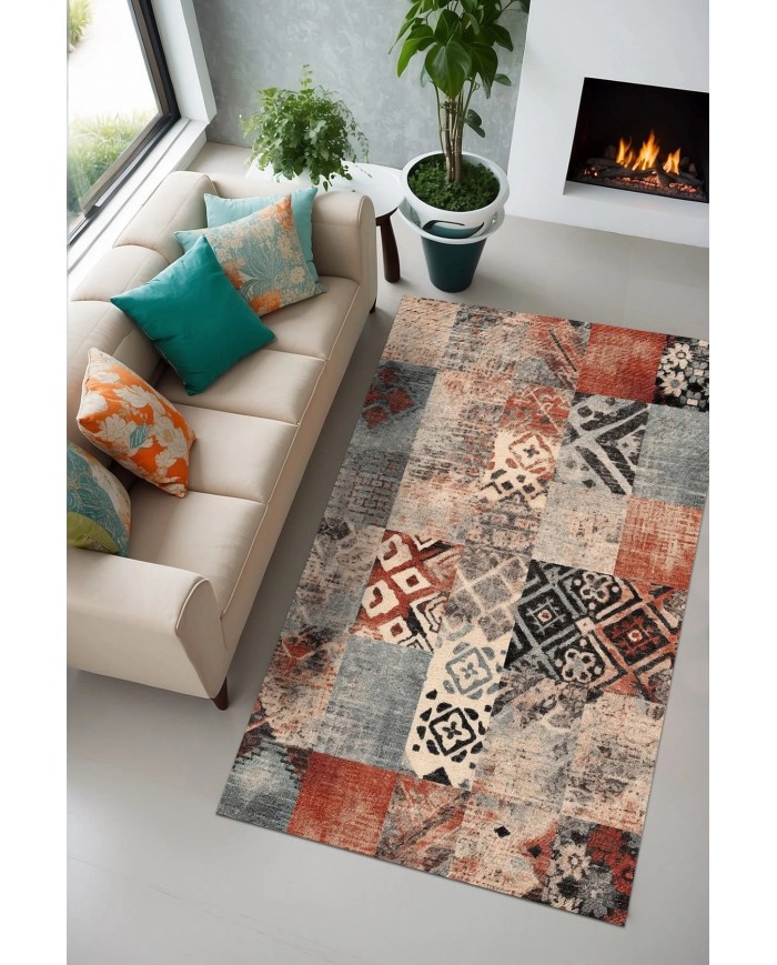 Resaye Patchwork Şönil Doğal Pamuk Tabanlı Salon Halısı Kaymaz Antibakteriyel Yıkanabilir