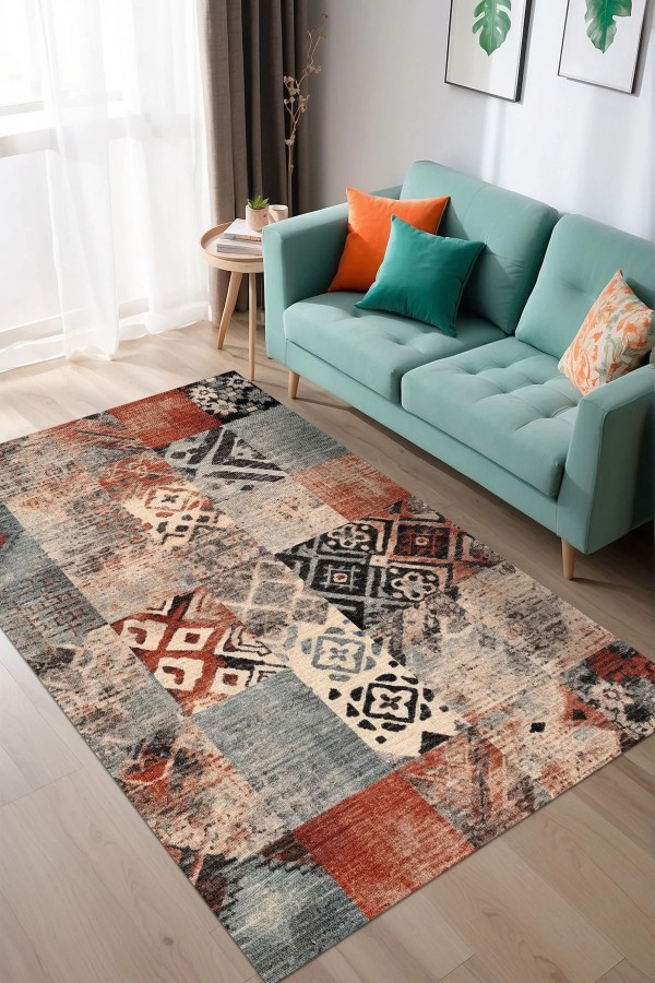 Resaye Patchwork Şönil Doğal Pamuk Tabanlı Salon Halısı Kaymaz Antibakteriyel Yıkanabilir