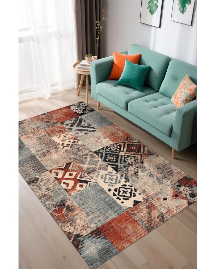 Resaye Patchwork Şönil Doğal Pamuk Tabanlı Salon Halısı Kaymaz Antibakteriyel Yıkanabilir