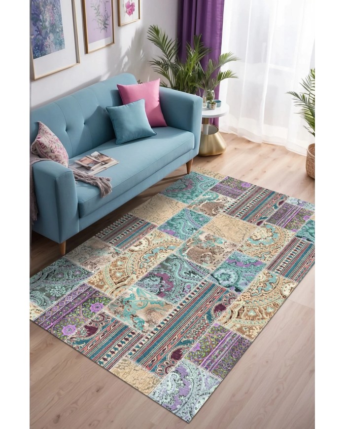 Herce Patchwork Şönil Doğal Pamuk Tabanlı Salon Halısı Kaymaz Antibakteriyel Yıkanabilir Çevre Dostu