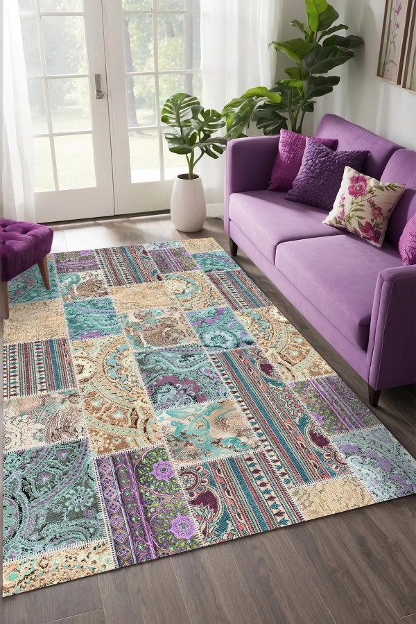 Herce Patchwork Şönil Doğal Pamuk Tabanlı Salon Halısı Kaymaz Antibakteriyel Yıkanabilir Çevre Dostu Herce Patchwork Şönil Doğal Pamuk Tabanlı Salon Halısı Kaymaz Antibakteriyel Yıkanabilir Çevre Dostu