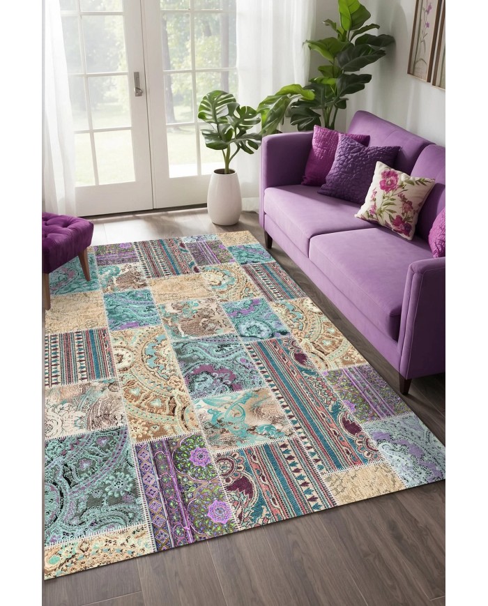 Herce Patchwork Şönil Doğal Pamuk Tabanlı Salon Halısı Kaymaz Antibakteriyel Yıkanabilir Çevre Dostu