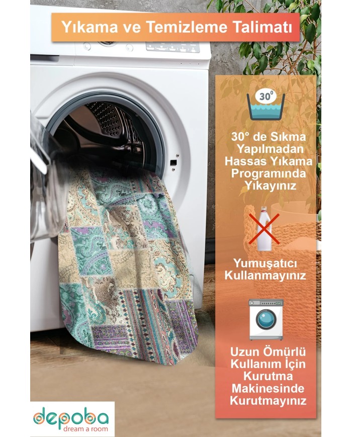 Herce Patchwork Şönil Doğal Pamuk Tabanlı Salon Halısı Kaymaz Antibakteriyel Yıkanabilir Çevre Dostu