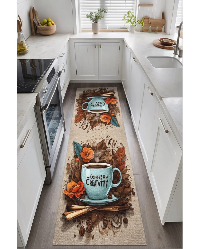 Visu Kadife Yıkanabilir Kaymaz Pamuk Tabanlı Antibakteriyel Mutfak Halısı