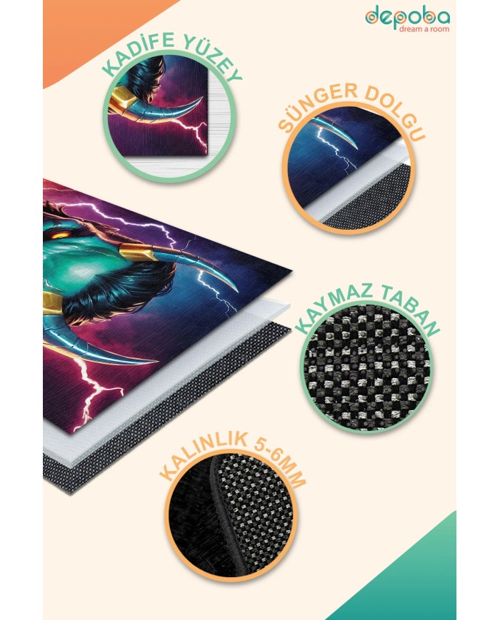 Hetra Oyuncu Odası Halısı Kadife Kaymaz Pamuk Tabanlı Yıkanabilir Antibakteriyel Gamer