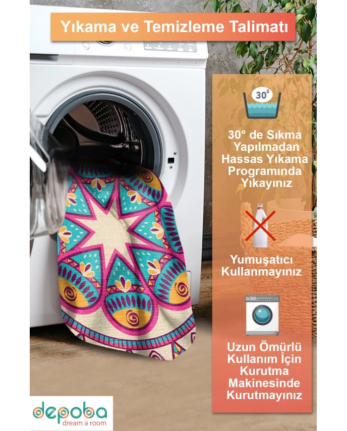 Alberta Şönil Yıkanabilir Kaymaz Pamuk Tabanlı Antibakteriyel Yuvarlak Halı