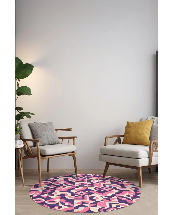 Rosa Şönil Yıkanabilir Kaymaz Pamuk Tabanlı Antibakteriyel Yuvarlak Halı