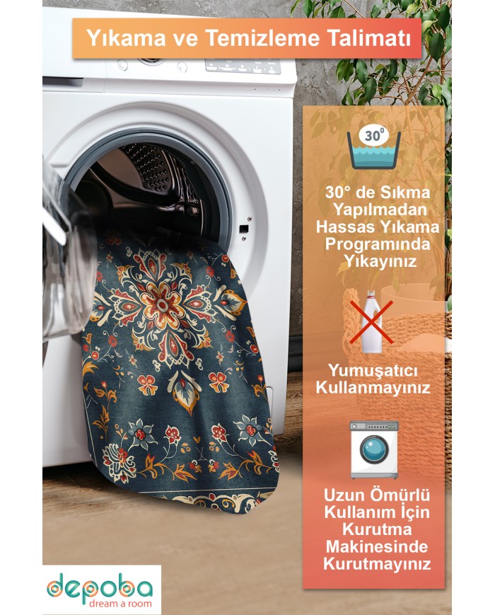 Andara Vintage Şönil Doğal Pamuk Tabanlı Salon Halısı Kaymaz Antibakteriyel Yıkanabilir Çevre Dostu