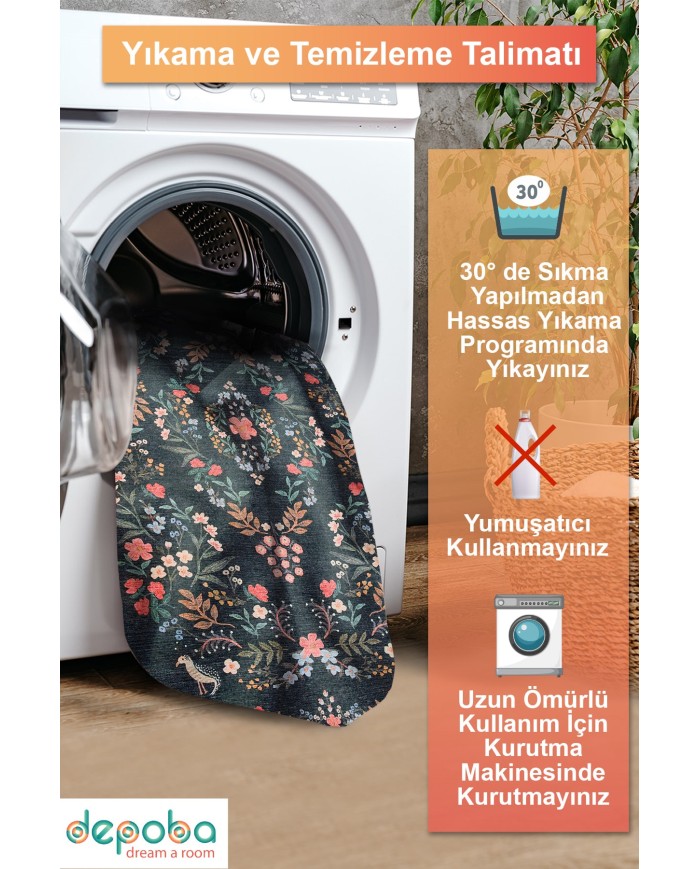 Karane Vintage Şönil Doğal Pamuk Tabanlı Salon Halısı Kaymaz Antibakteriyel Yıkanabilir Çevre Dostu