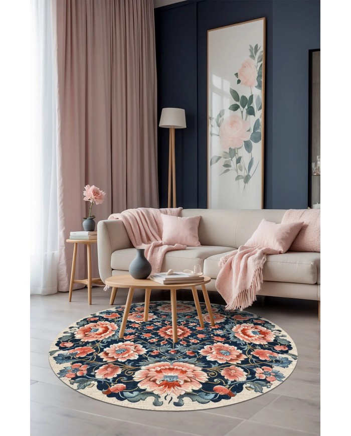 Ranay Modern Şönil  Yıkanabilir Kaymaz Pamuk Tabanlı Antibakteriyel Yuvarlak Halı