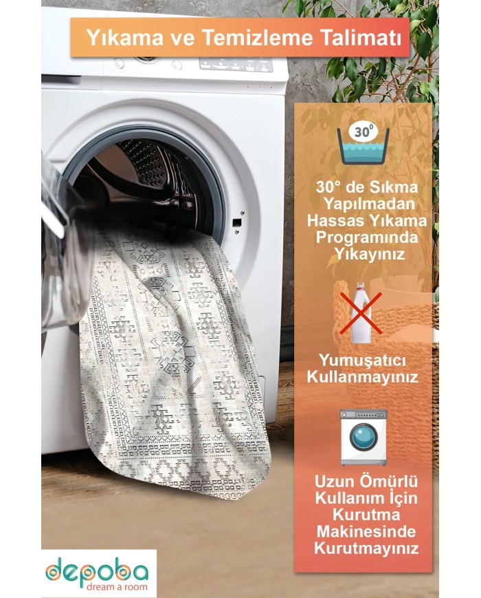 Narese Şönil Vintage Desenli Pamuk Taban Kaymaz Yıkanabilen Antibakteriyel Salon Halısı