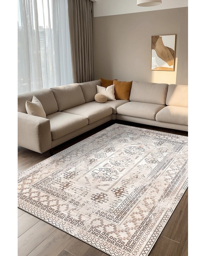 Narese Şönil Vintage Desenli Pamuk Taban Kaymaz Yıkanabilen Antibakteriyel Salon Halısı