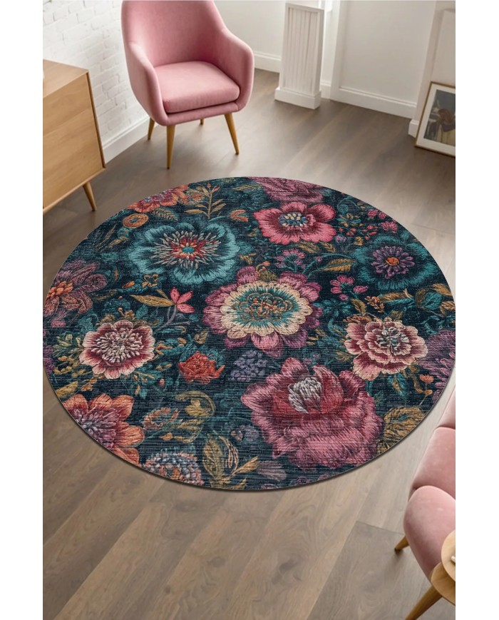 Haela Modern Şönil Doğal Pamuk Tabanlı  Kaymaz Antibakteriyel Yıkanabilir Yuvarlak Salon Halısı