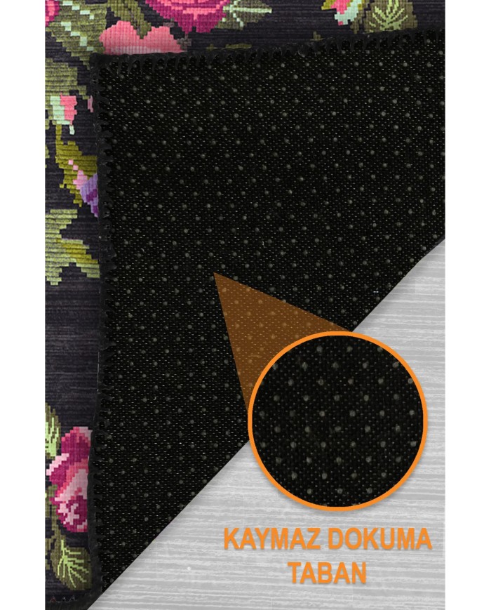 Adeya Şönil Çiçek Desenli Pamuk Taban Kaymaz Yıkanabilen Antibakteriyel Salon Halısı