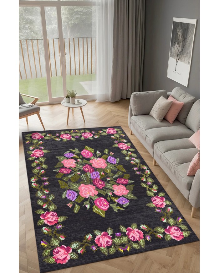 Adeya Şönil Çiçek Desenli Pamuk Taban Kaymaz Yıkanabilen Antibakteriyel Salon Halısı