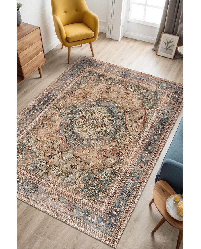 Enolas Şönil Vintage Desenli Pamuk Taban Kaymaz Yıkanabilen Antibakteriyel Salon Halısı