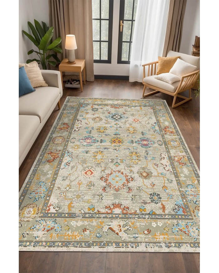 Ayasa Şönil Vintage Desenli Pamuk Taban Kaymaz Yıkanabilen Antibakteriyel Salon Halısı