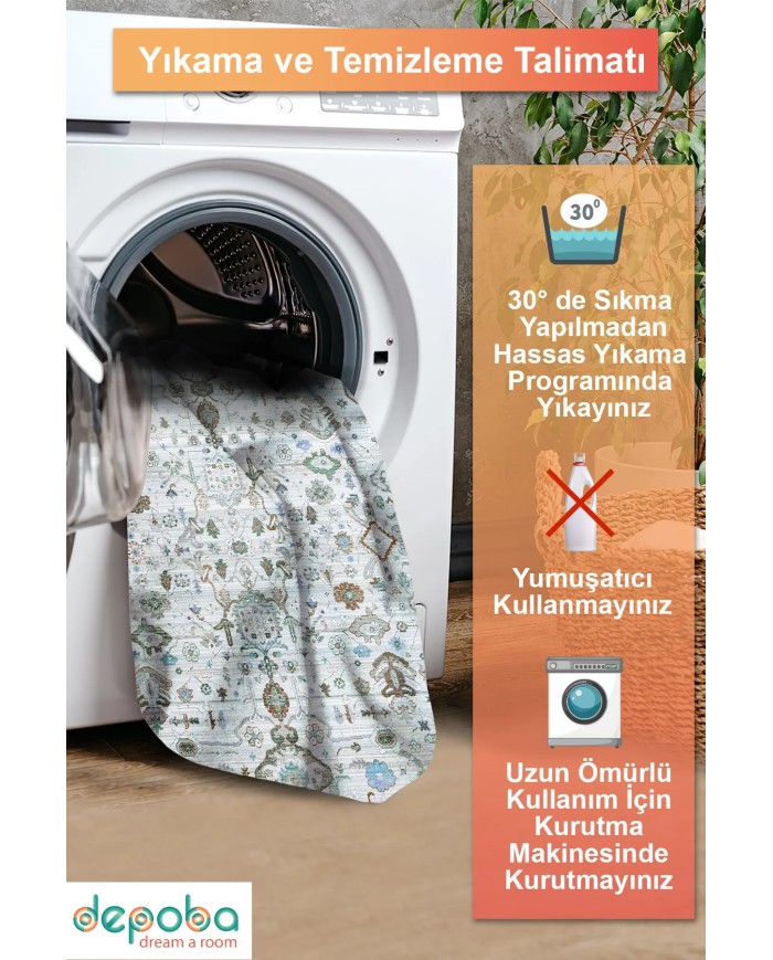 Tanes Şönil Vintage Desenli Pamuk Taban Kaymaz Yıkanabilen Antibakteriyel Salon Halısı