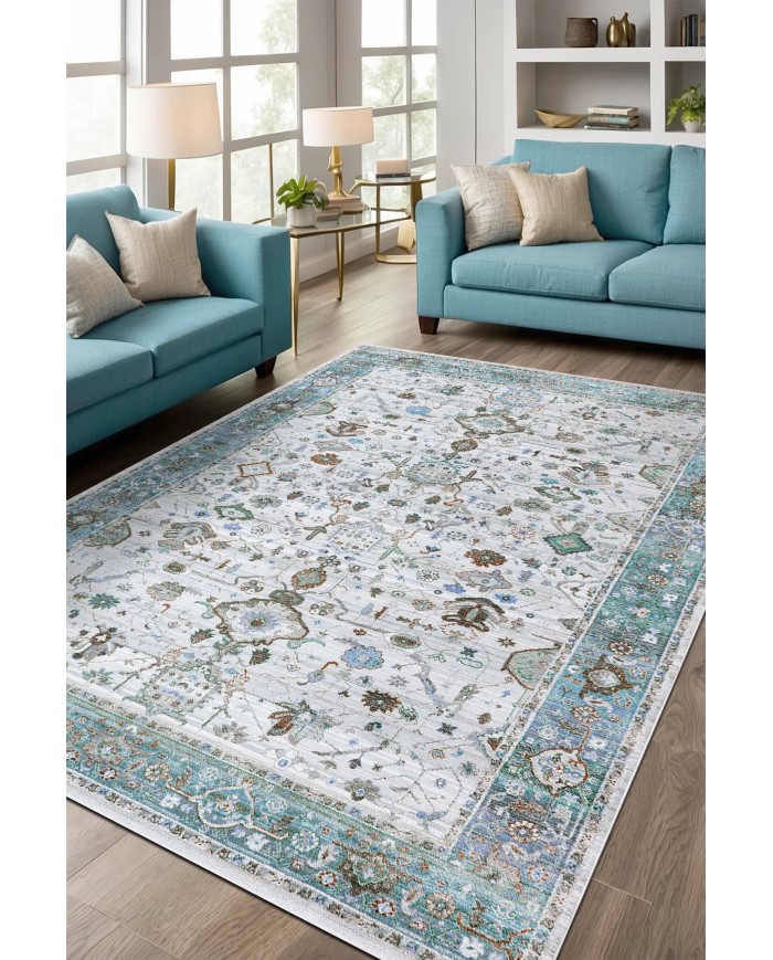 Tanes Şönil Vintage Desenli Pamuk Taban Kaymaz Yıkanabilen Antibakteriyel Salon Halısı