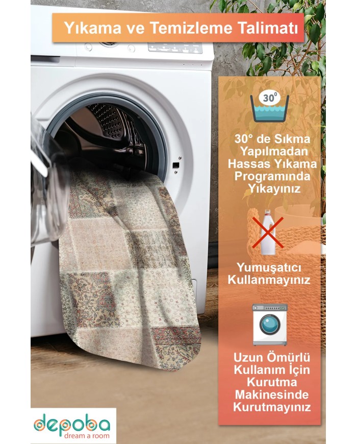 Alfara Şönil Patchwork Desenli Pamuk Taban Kaymaz Yıkanabilen Antibakteriyel Salon Halısı