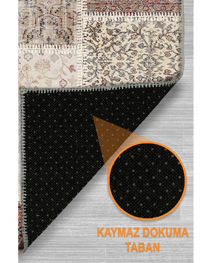 Alfara Şönil Patchwork Desenli Pamuk Taban Kaymaz Yıkanabilen Antibakteriyel Salon Halısı