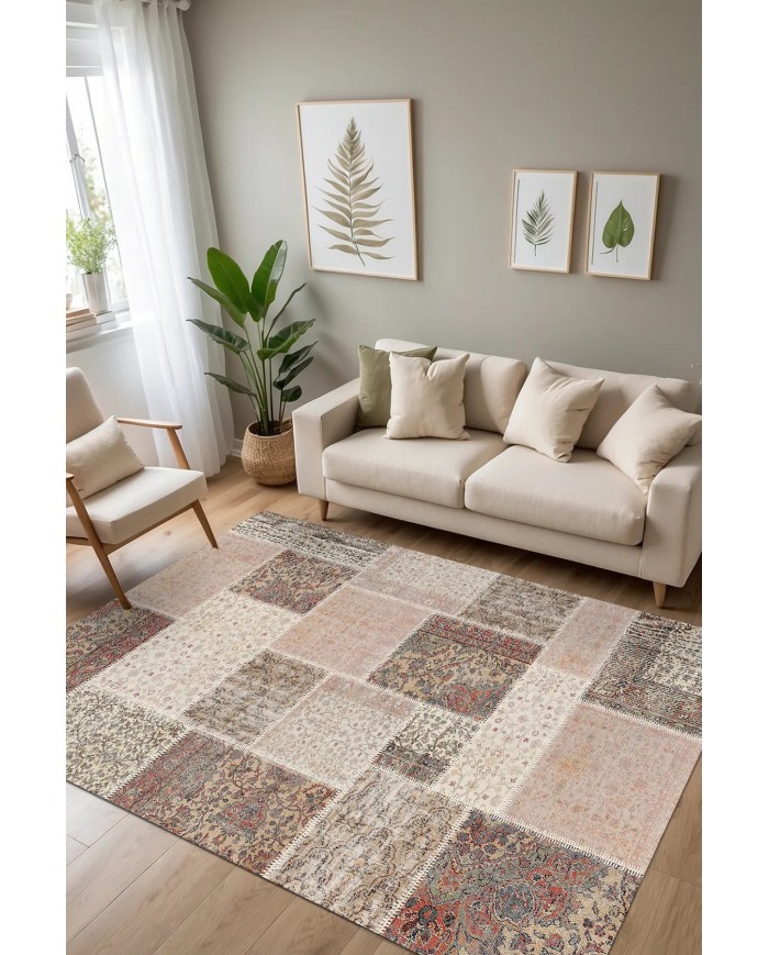 Alfara Şönil Patchwork Desenli Pamuk Taban Kaymaz Yıkanabilen Antibakteriyel Salon Halısı