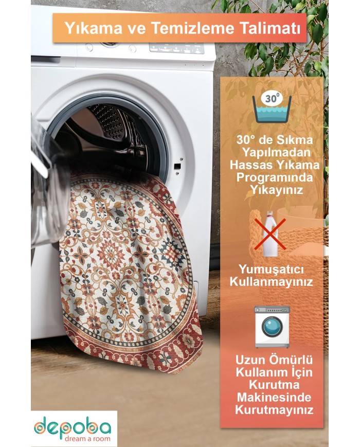 Yonza Vintage Şönil Doğal Pamuk Tabanlı Kaymaz Antibakteriyel Yıkanabilir Yuvarlak Salon Halısı