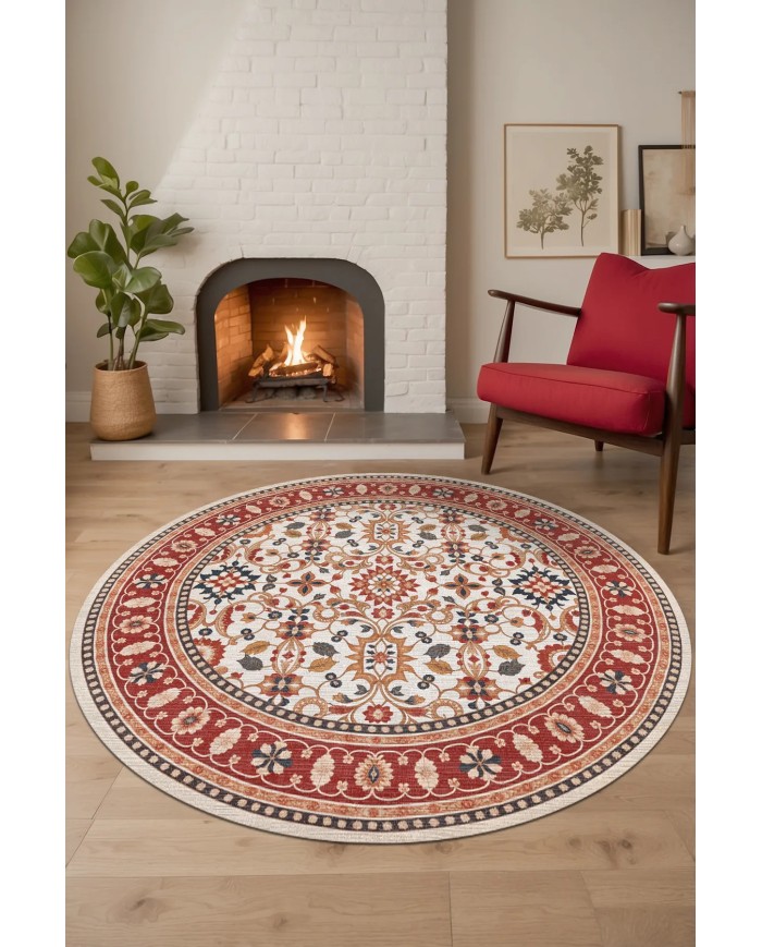 Yonza Vintage Şönil Doğal Pamuk Tabanlı Kaymaz Antibakteriyel Yıkanabilir Yuvarlak Salon Halısı