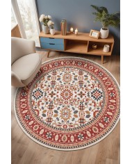 Yonza Vintage Şönil Doğal Pamuk Tabanlı Kaymaz Antibakteriyel Yıkanabilir Yuvarlak Salon Halısı