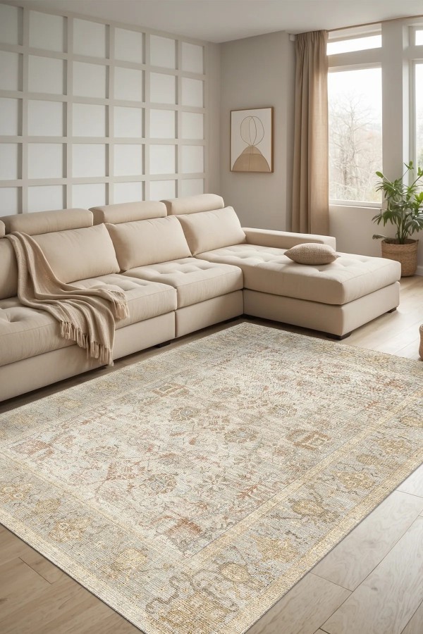 Nalera Şönil Vintage Desenli Pamuk Taban Kaymaz Yıkanabilen Antibakteriyel Salon Halısı