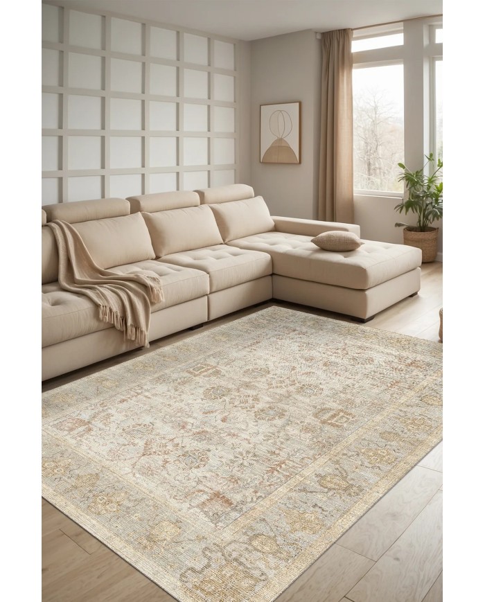 Nalera Şönil Vintage Desenli Pamuk Taban Kaymaz Yıkanabilen Antibakteriyel Salon Halısı