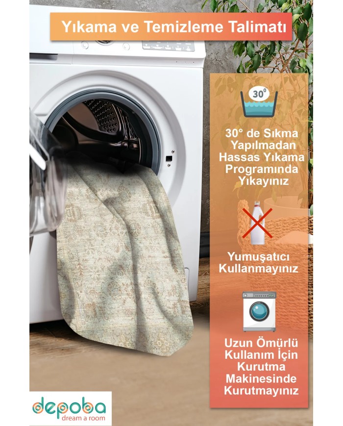 Nalera Şönil Vintage Desenli Pamuk Taban Kaymaz Yıkanabilen Antibakteriyel Salon Halısı