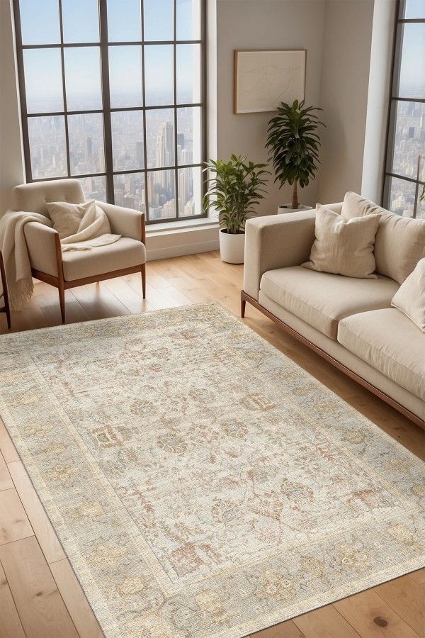 Nalera Şönil Vintage Desenli Pamuk Taban Kaymaz Yıkanabilen Antibakteriyel Salon Halısı