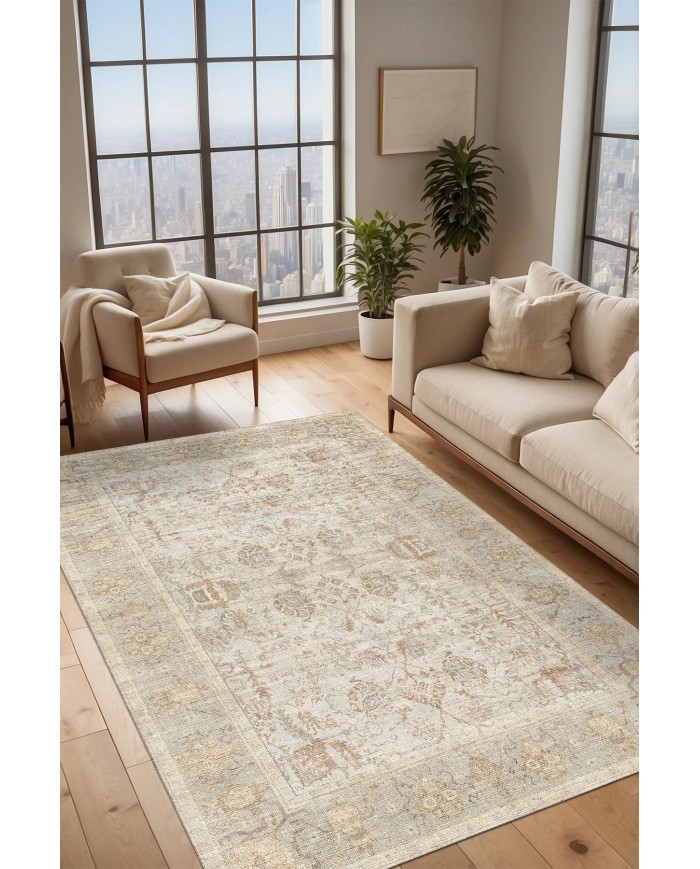 Nalera Şönil Vintage Desenli Pamuk Taban Kaymaz Yıkanabilen Antibakteriyel Salon Halısı
