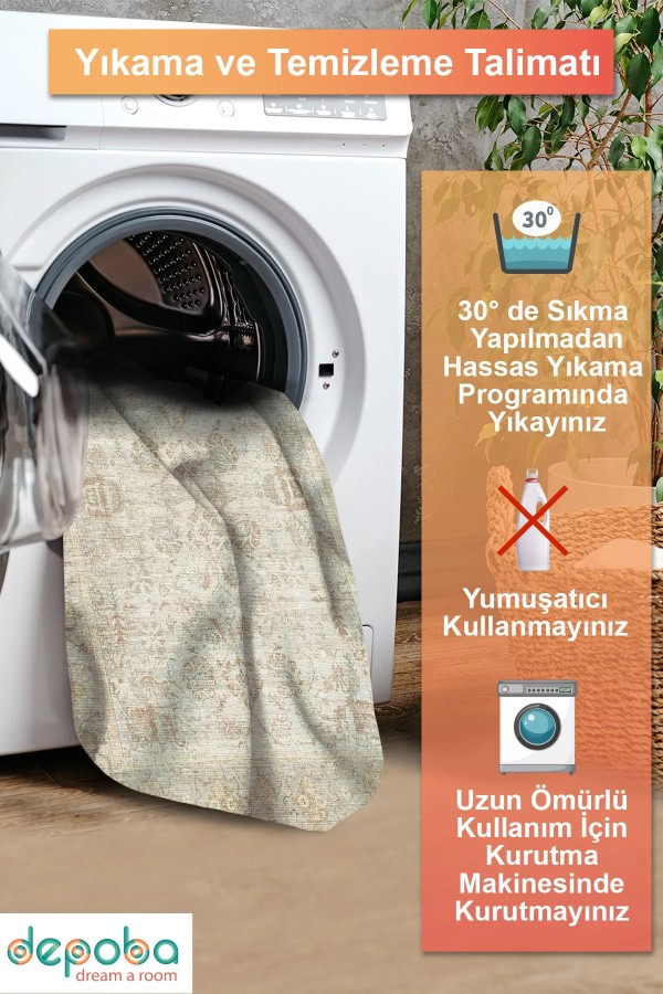 Nalera Şönil Vintage Desenli Pamuk Taban Kaymaz Yıkanabilen Antibakteriyel Yolluk