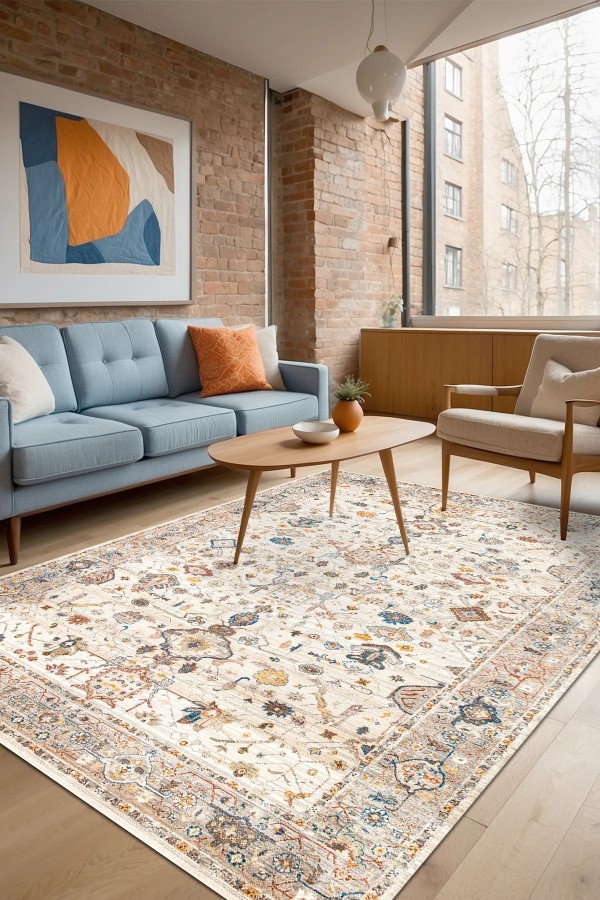 Panare Şönil Vintage Desenli Pamuk Taban Kaymaz Yıkanabilen Antibakteriyel Salon Halısı