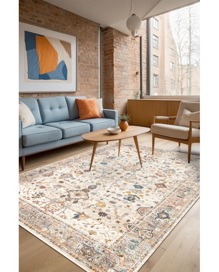 Panare Şönil Vintage Desenli Pamuk Taban Kaymaz Yıkanabilen Antibakteriyel Salon Halısı