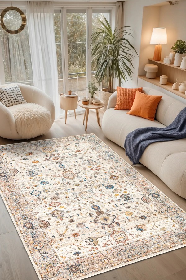 Panare Şönil Vintage Desenli Pamuk Taban Kaymaz Yıkanabilen Antibakteriyel Salon Halısı