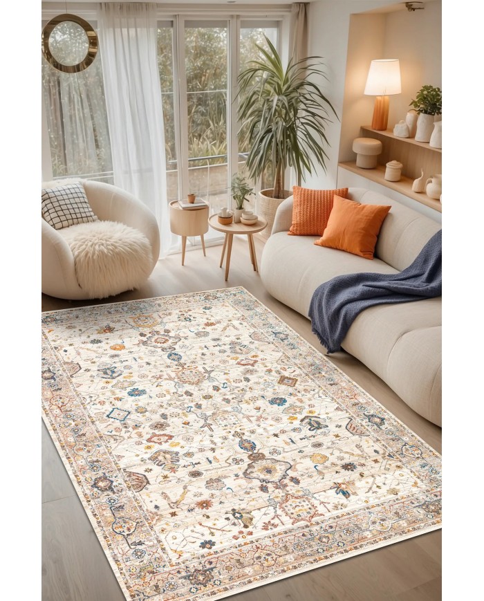 Panare Şönil Vintage Desenli Pamuk Taban Kaymaz Yıkanabilen Antibakteriyel Salon Halısı